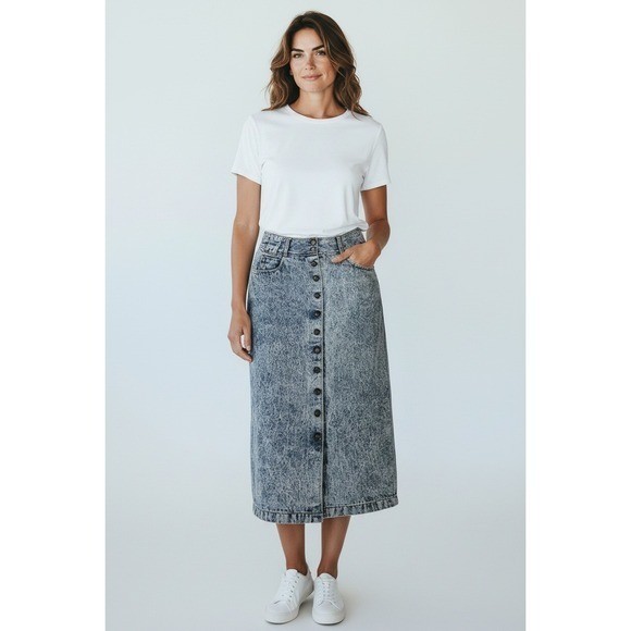 Vintage Joujou Acid Wash Denim Midi Skirt Button Front High Waist Blue 11/12
