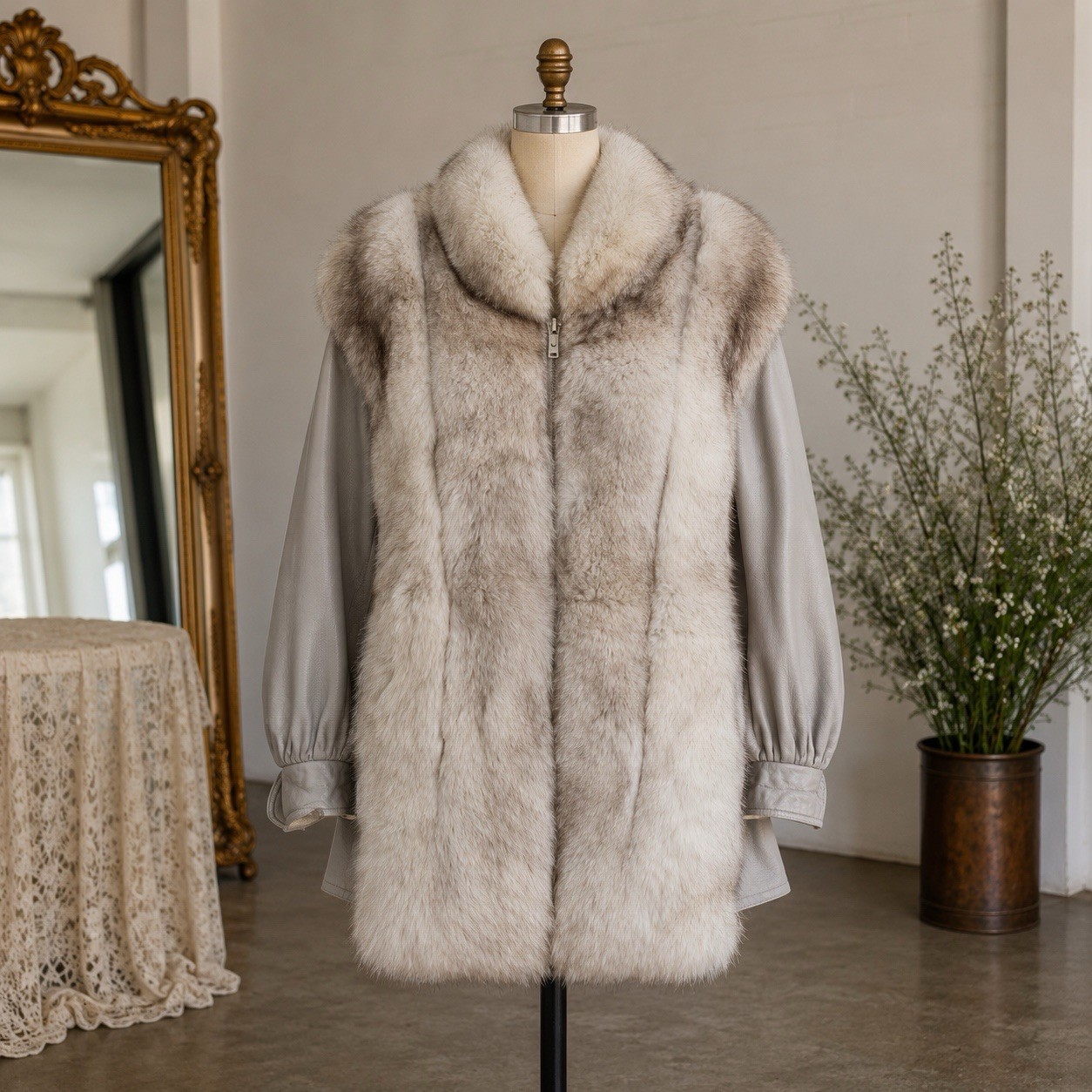 VTG Saga Fox Fur Jacket Coat Size Small Gray Leather 70s Blue Fox Mobwife Y2K