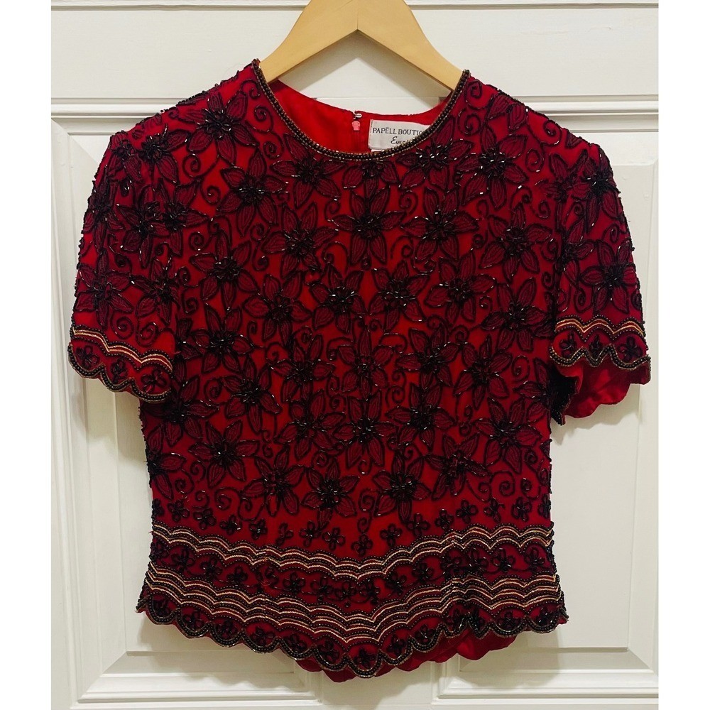 Papell Boutique Beaded Top Evening Party Cocktail Blouse Red Black S Vintage