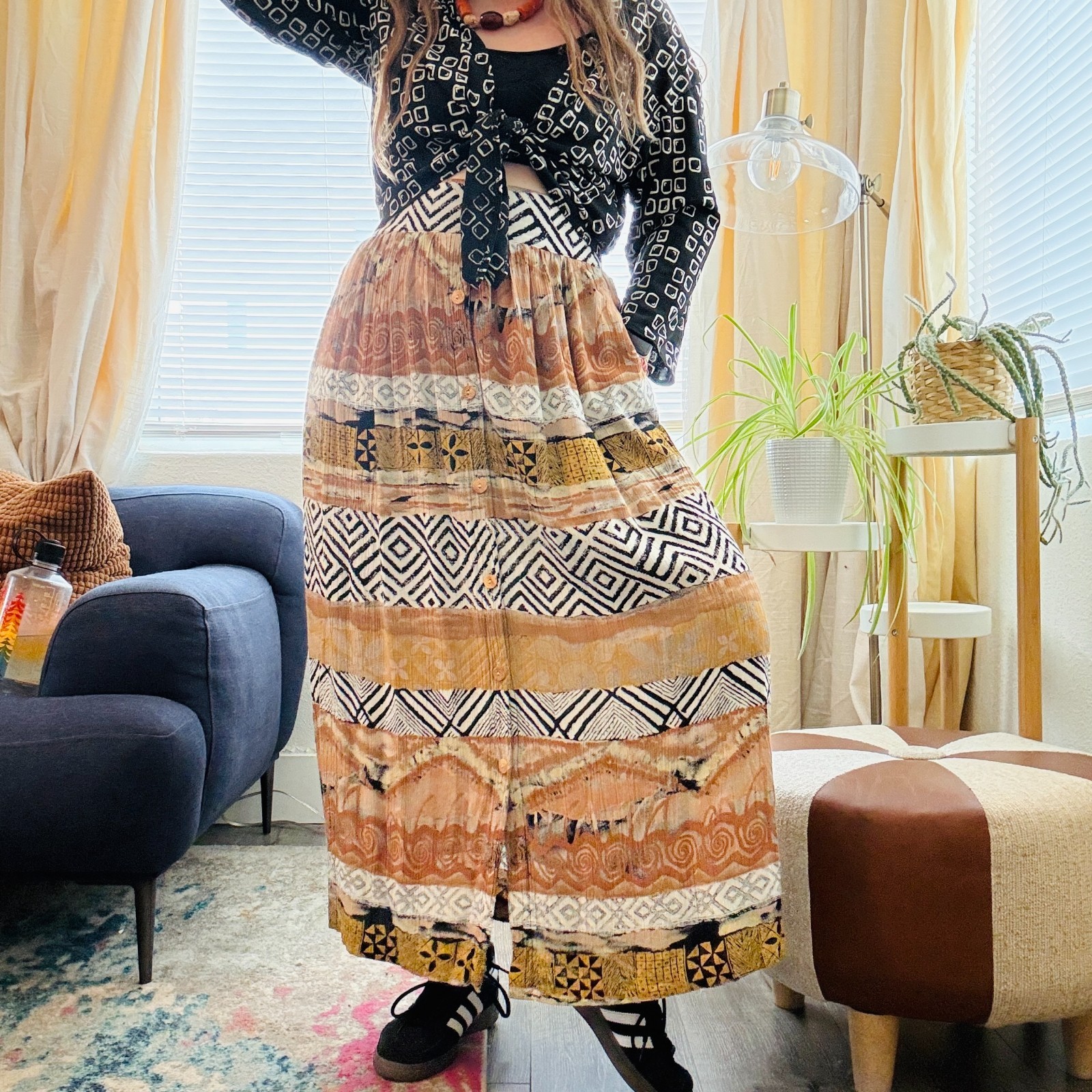 Vintage 90s Santa Cruz Printed Button Down Boho Geometric Skirt | Size M/L