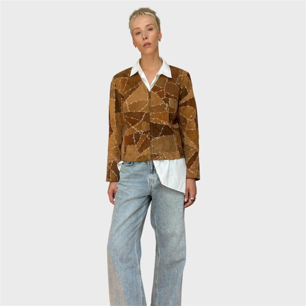 Vintage Brown Suede Patchwork Jacket | Embroidered Zip-Up Size US 8/ EU40