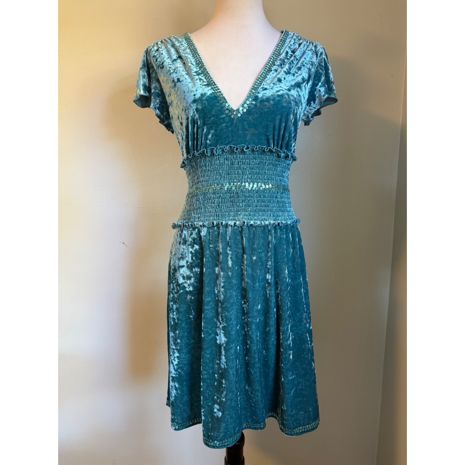 Moda Teal Crushed Velvet Smocked Sequin Dress M whimsigoth boho Y2K dainty retro