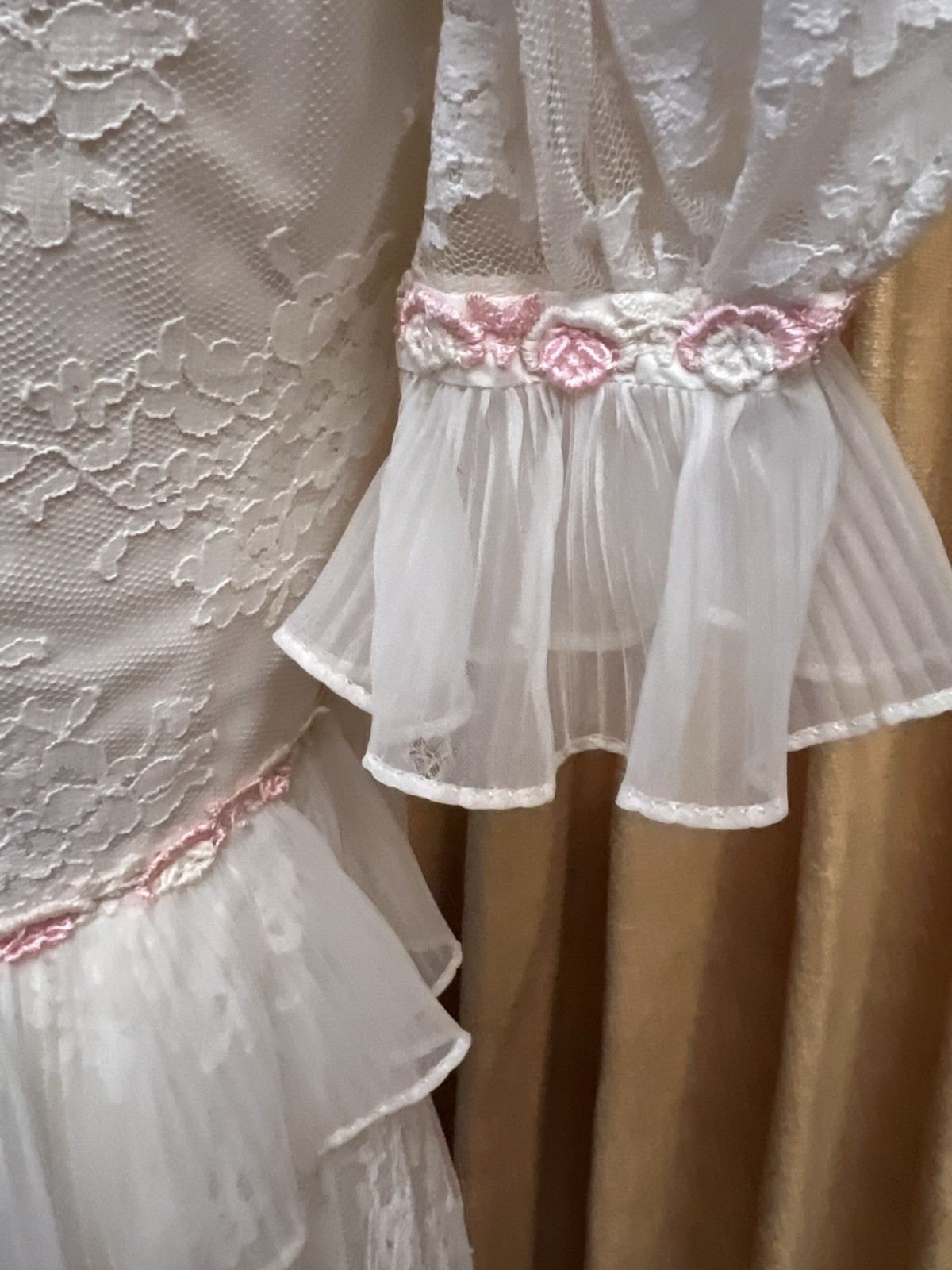 Vintage 1960s Empire Waist Lace Wedding Dress With Rose Appliqué And Ruffles