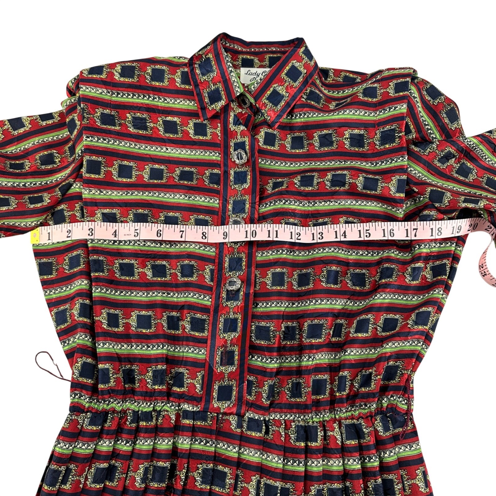 Lady Carol Petites Small Vintage 80s Pleated Midi Dress Red Navy Geometric