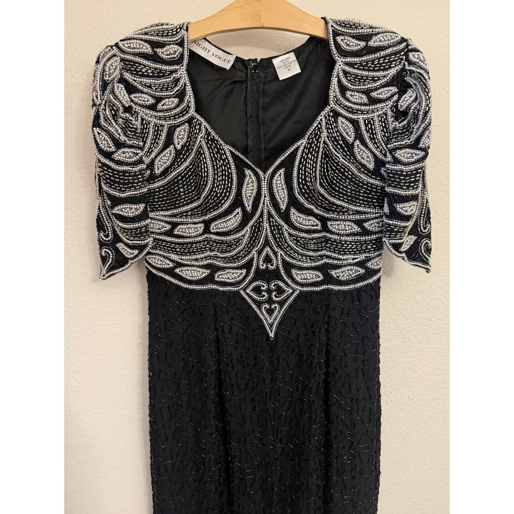 Night Vogue Vintage Black Silk Beaded Sequin Maxi Dress Art Deco Gown M Medium