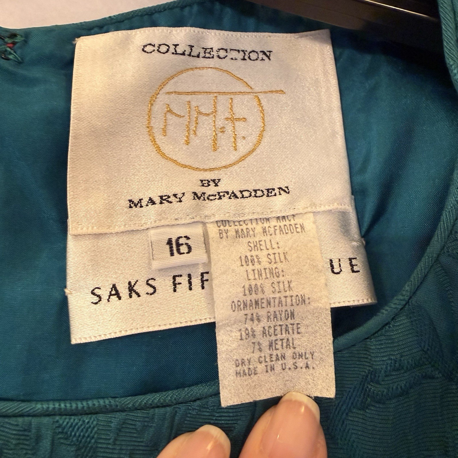 Vintage Mary McFadden for Saks Fifth Avenue Teal Silk Jacquard Dress – Size 16