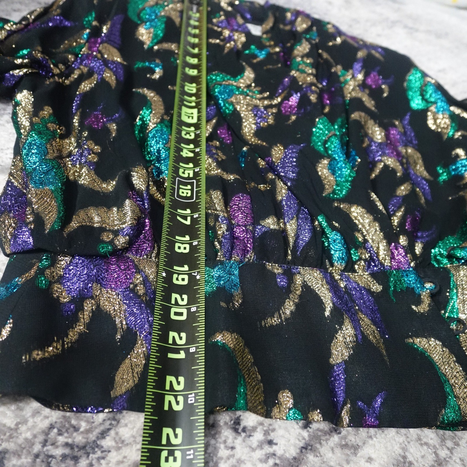 Vintage Anne Klein Black Metallic Abstract Blouse Purple Teal Gold Glam Top 80’s