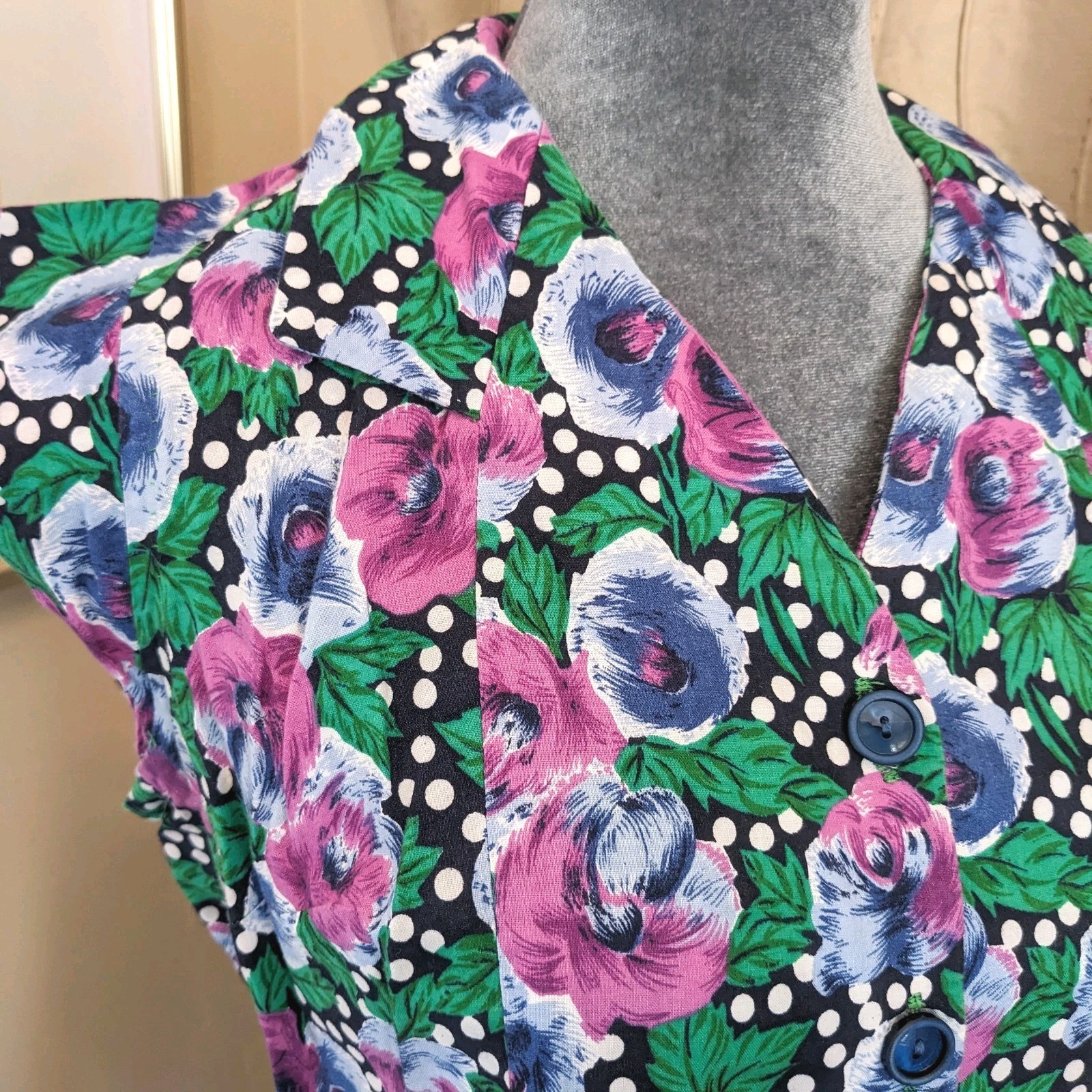 Vintage Handmade Polka Dot Floral Shirt Dress L Button Up Front Cottagecore Midi