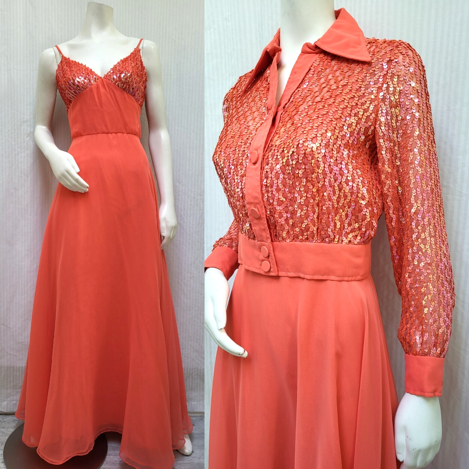VTG LILLIE RUBIN COLLECTION 700 Orange Chiffon Sequin Maxi Dress & Jacket – S/M