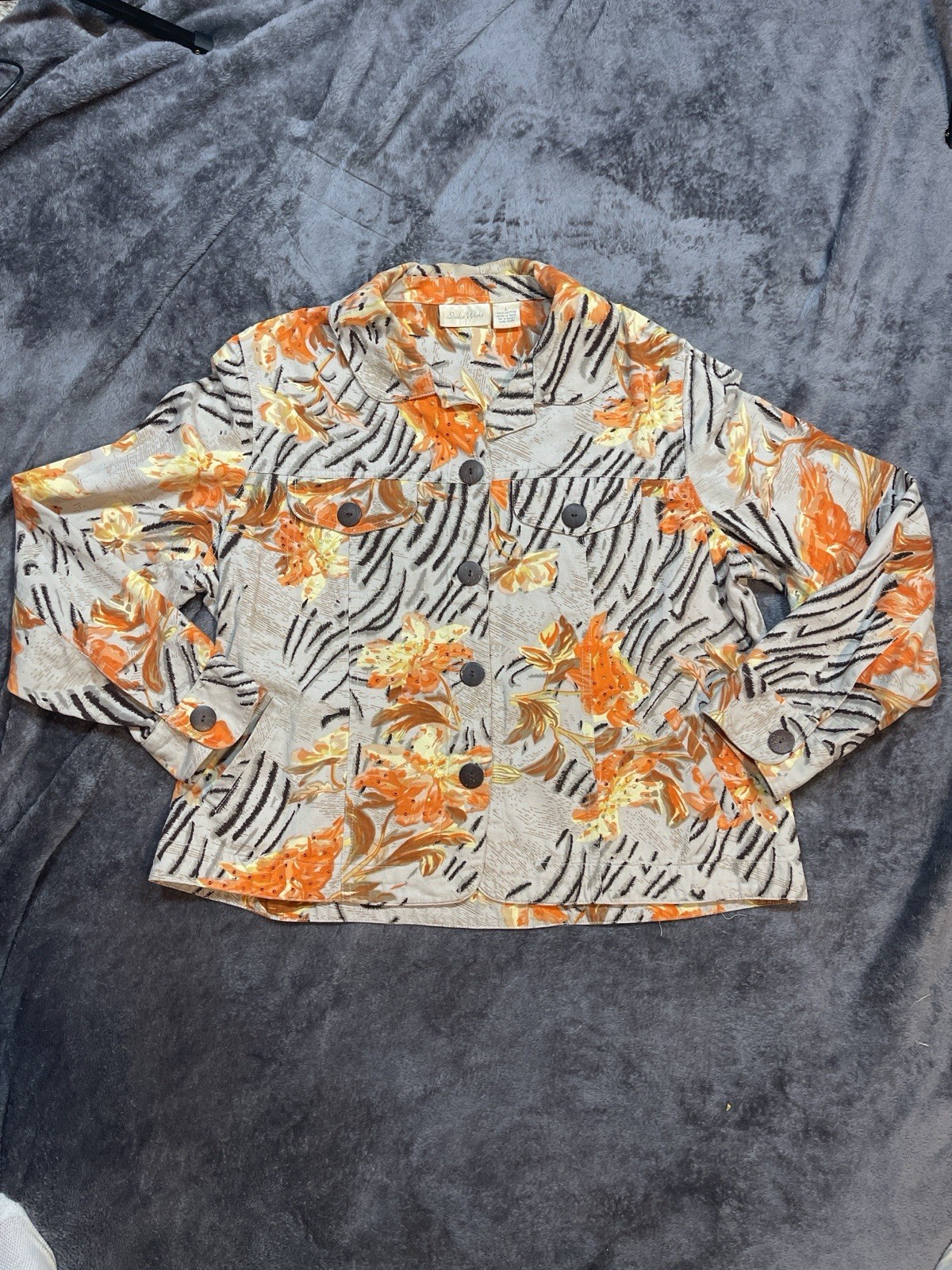 Studio Works Jacket Womens Large Floral Zebra Print Beaded Button Front Cotton