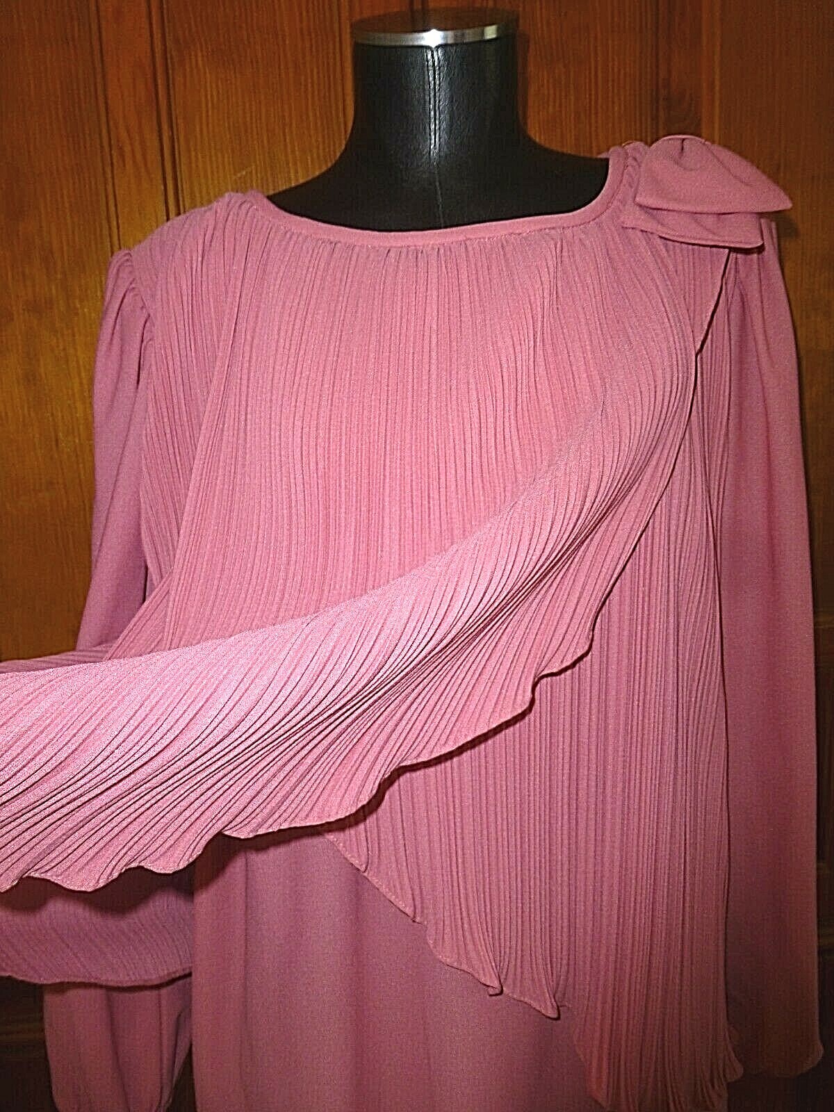 VTG 70s Micro Pleat Mauve Rose BOW Boho Cocktail Wedding Guest DRESS L XL