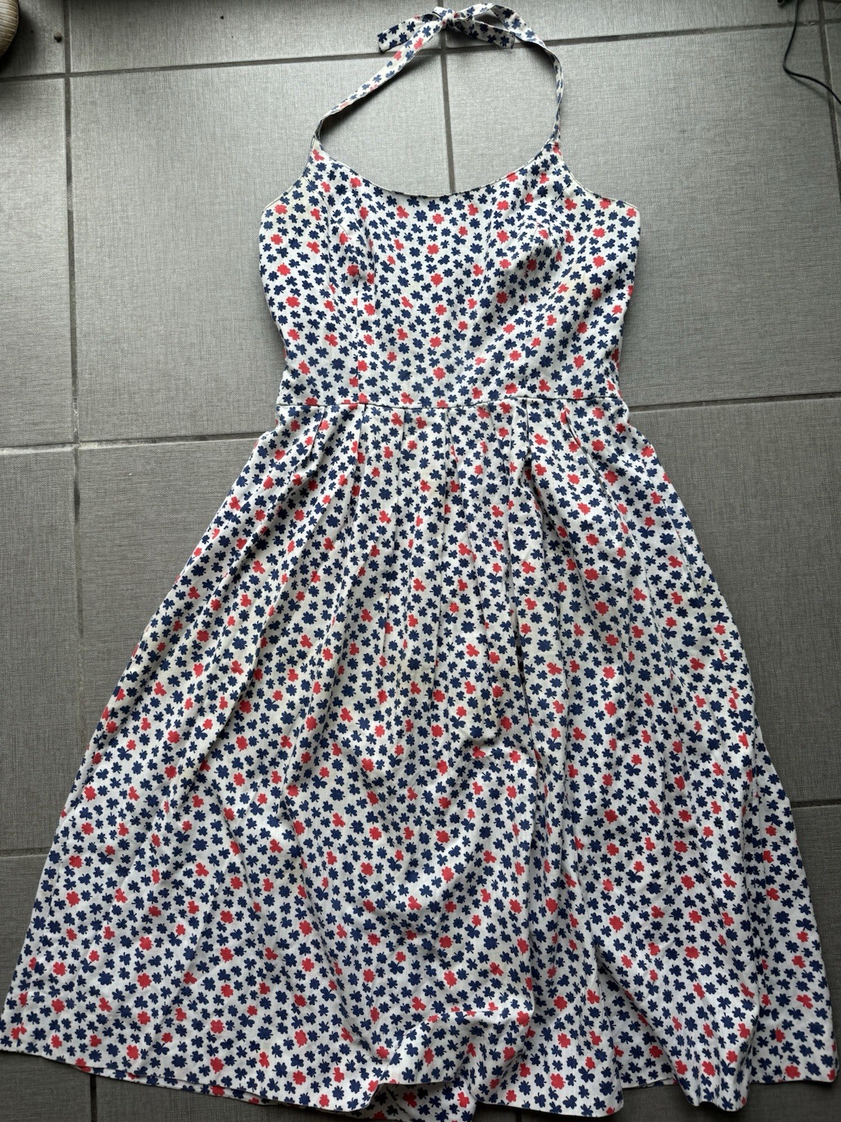 Vintage LANZ Originals Blue Red White Clover Flower Halter Sun Dress 8