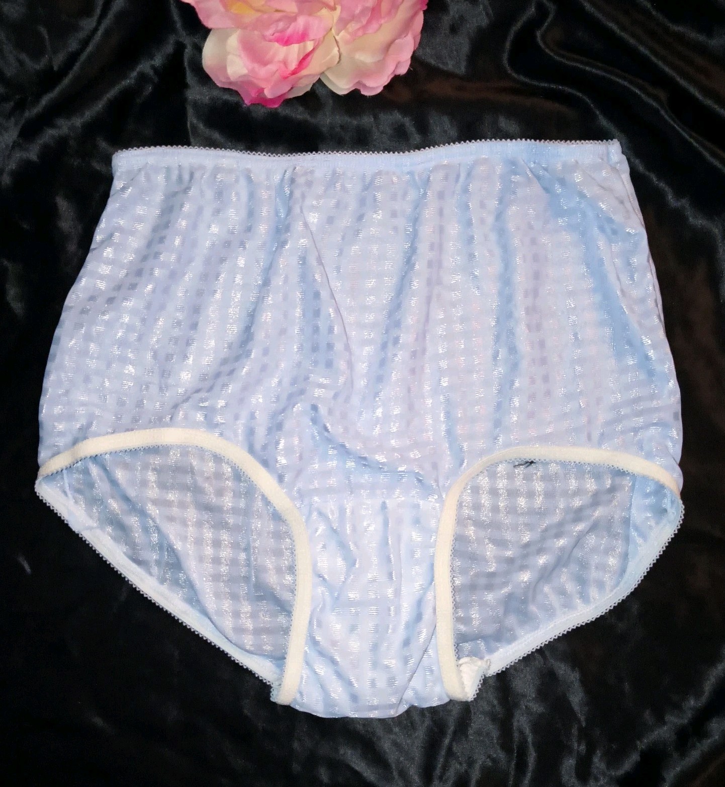 SILKY Vintage Nylon BRIEF Panties Glossy Gingham Thin Elastic Waistband M/6 💦