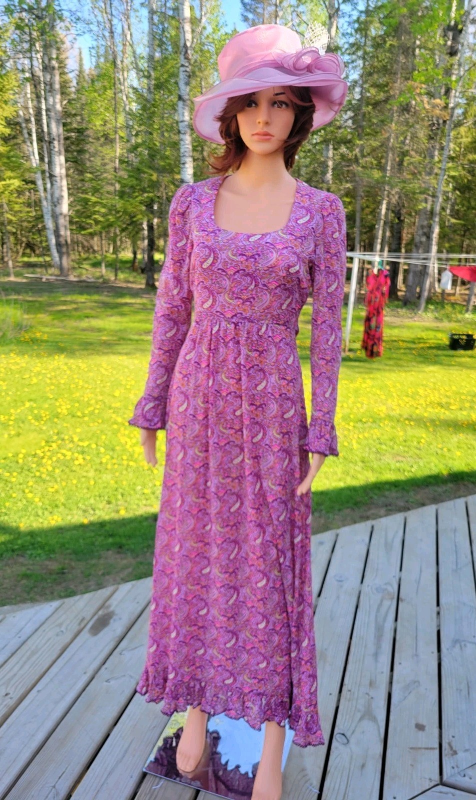 VTG 70s Paisley Empire Waist Maxi Dress ILGWU Boho Long Sleeve Purple Pink S M