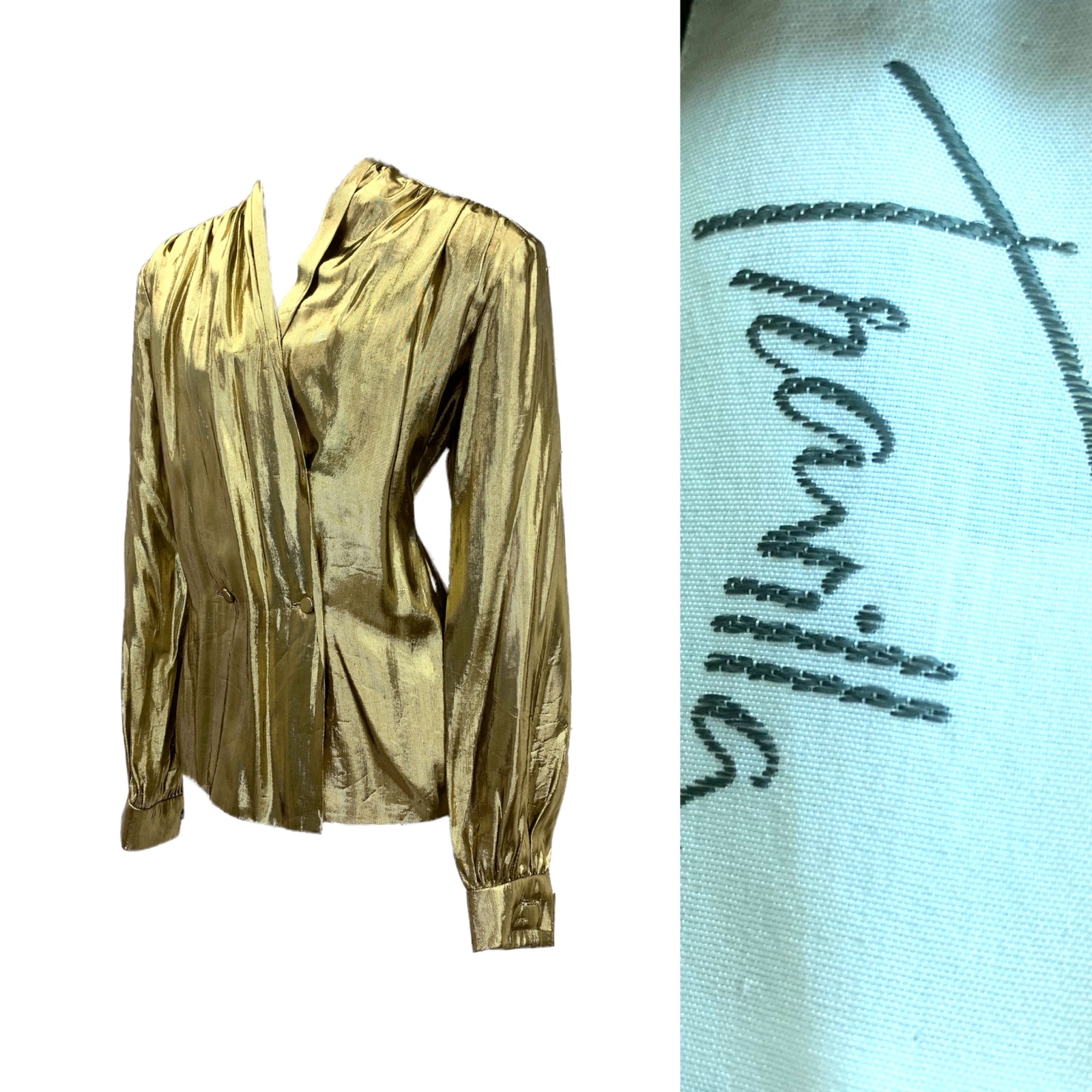 Vtg Vintage 1980s 80s Designer Travilla Gold Lamè Structured Metallic Blouse