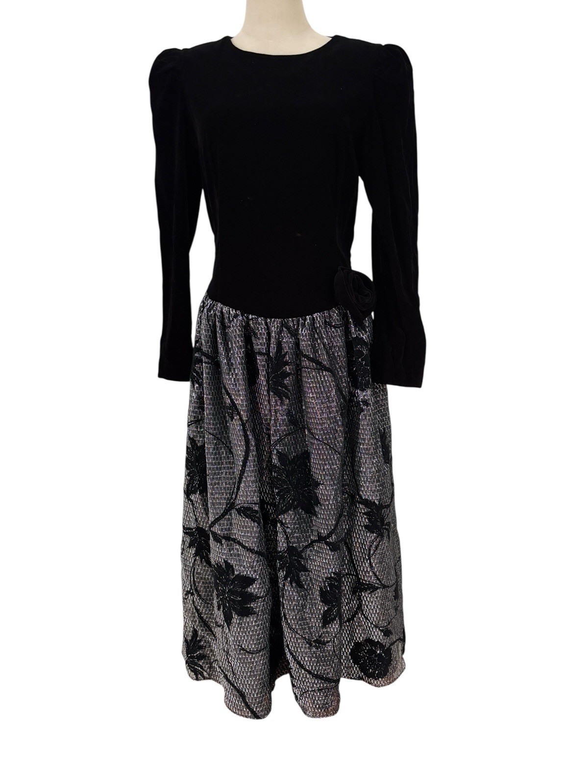 Vtg Cachet By Bari Protas Black Velvet & Metallic Silver Floral Skirt Dress Sz M