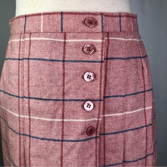 VINTAGE the Wyndham Collection pink herringbone plaid wool midi skirt 12