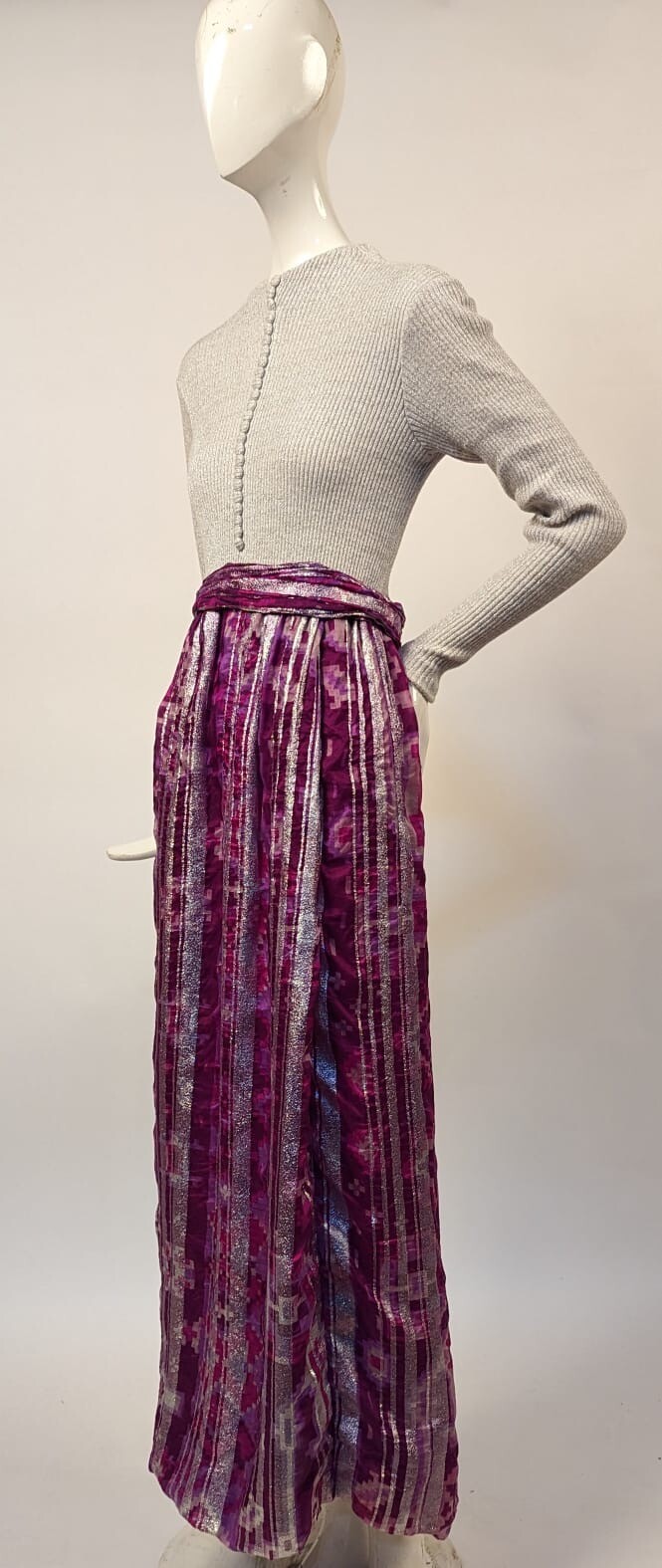 VINTAGE 1970’S GLITTERED GRAY KNIT + SILVER STRIPED FLORAL LONG DRESS