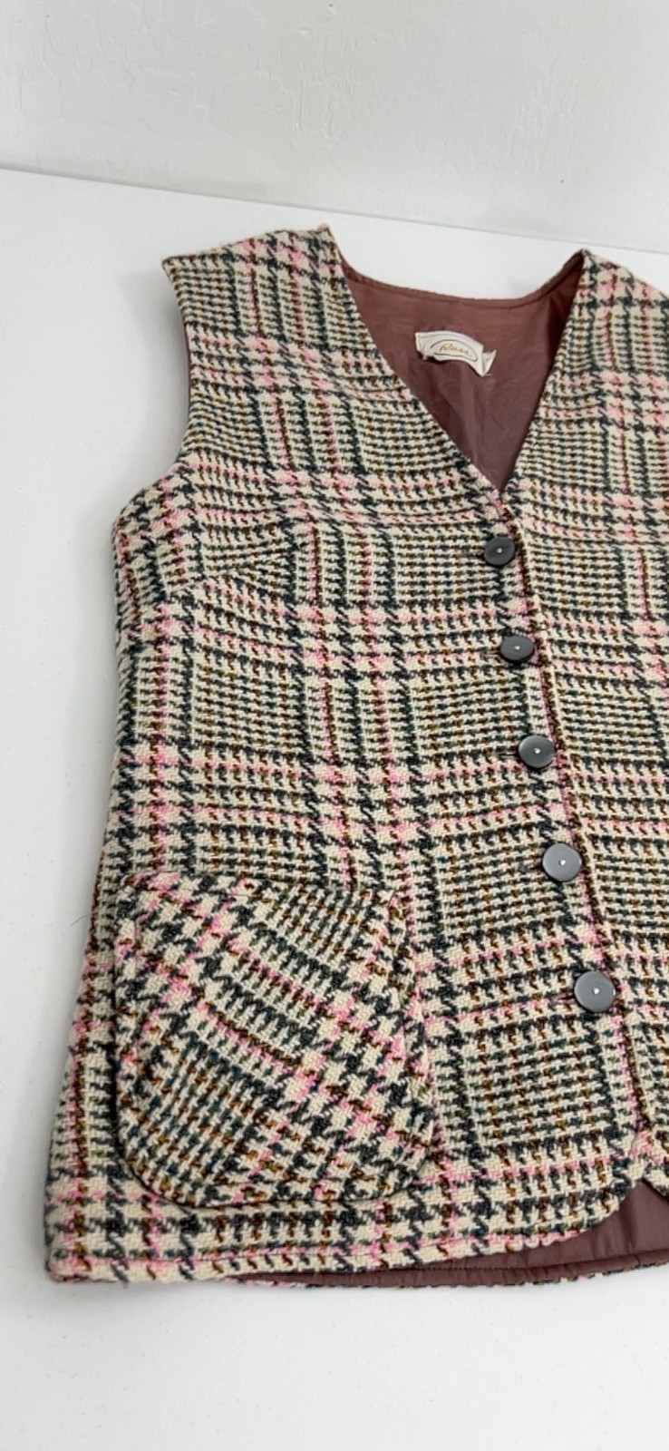 RUSS vtg wool houndstooth vest 12 preppy equestrian academia pink gray beige