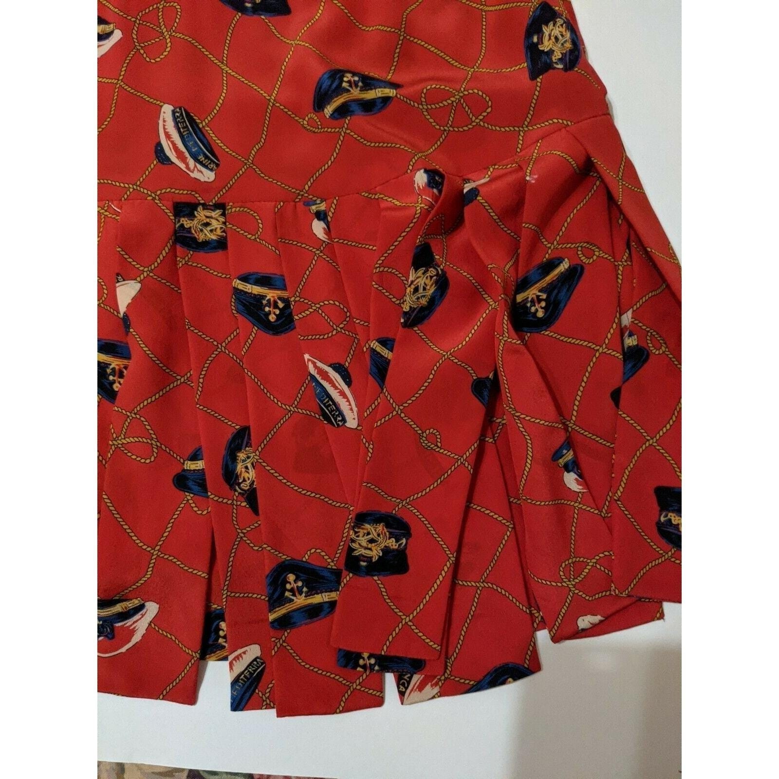 Adolfo Fine Feathers Red Nautical Dress Captain Hat Rope Print Vintage 80s
