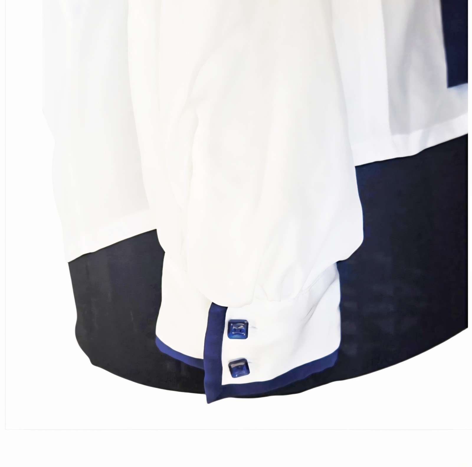 1980s CHAUS SPORT White Blouse With Sailor Collar & Navy Blue Trim & Tie Sz 14