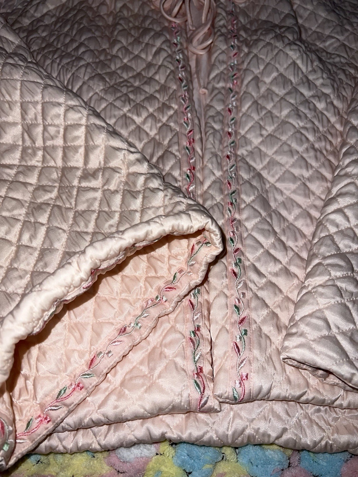 Vintage Barbizon Puffett Pink Quilted Satin Bed Jacket M Floral Trim Lingerie