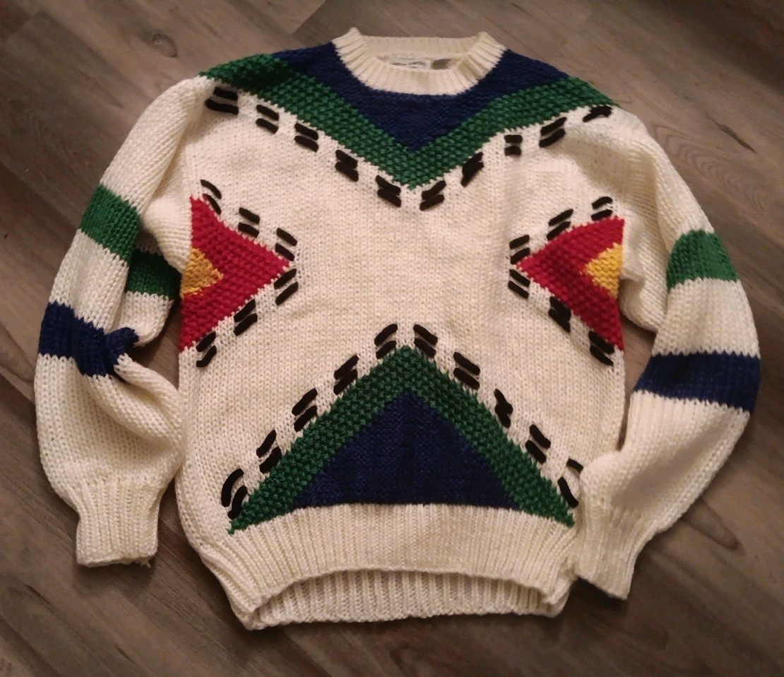 Vtg Pierre Cardin Sweater Med Multicolor Colorblock Abstract Chunky Knit Stripe
