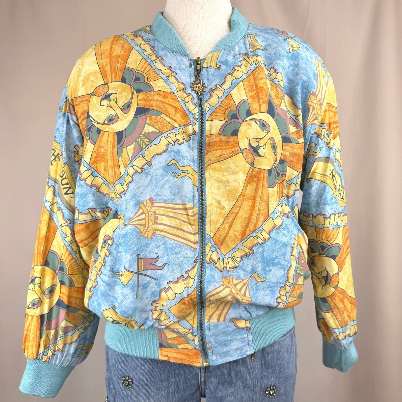 Vintage 80s MULBERRY STREET Womens (M) Bomber Jacket Coastal Aztec Sun mobwife