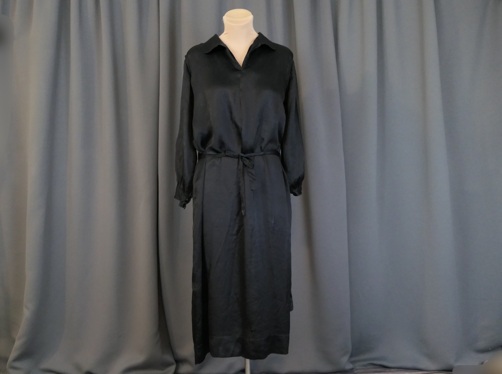 Damaged 1910s Black Silk Satin Dress, Eyelet Panel, 40 inch bust, Ankle length