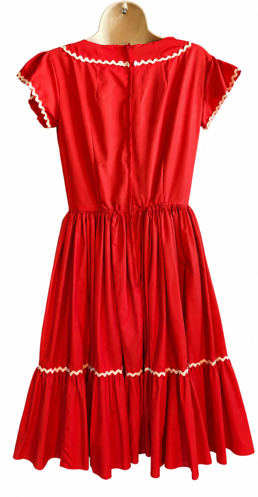Vintage Red Square Dance Dress in Red with White Rick-rack Trim Size M