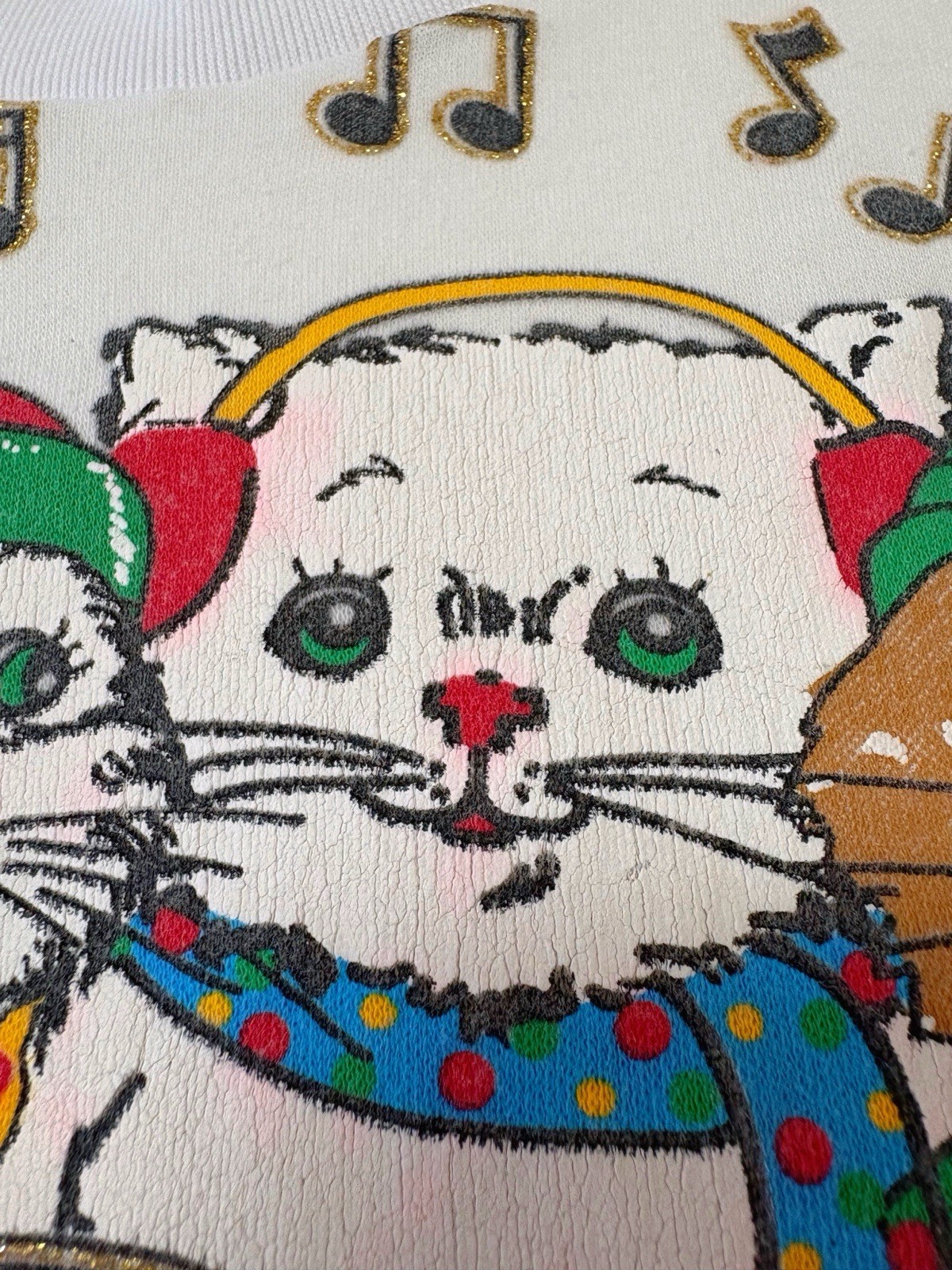 Vintage 1980s Cat Kitten Kitty Christmas Glitter Graphic T shirt USA Kawaii