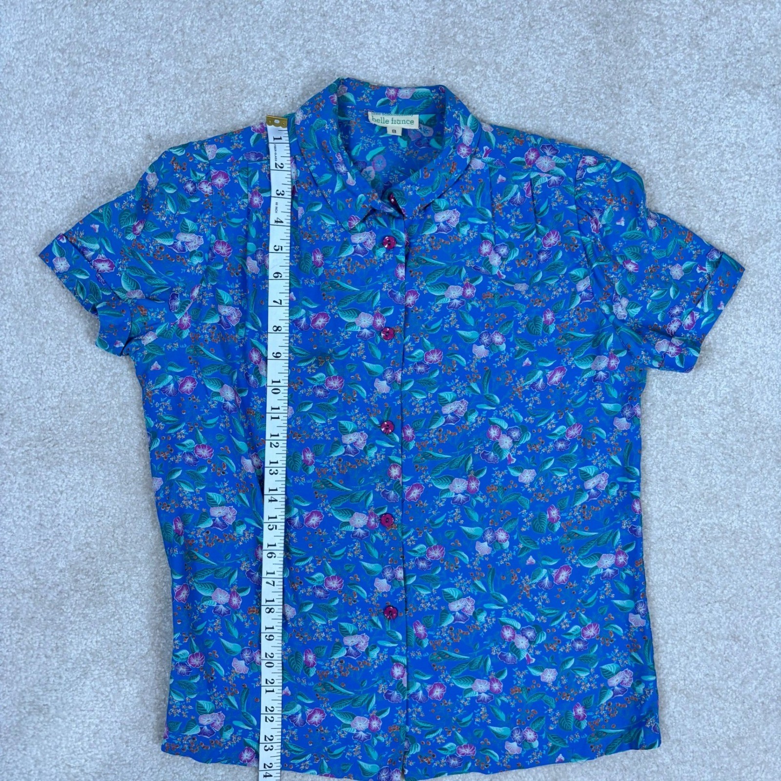 Belle France Jane Schaffhausen Vintage Blue Floral Button Up Blouse Womens 8