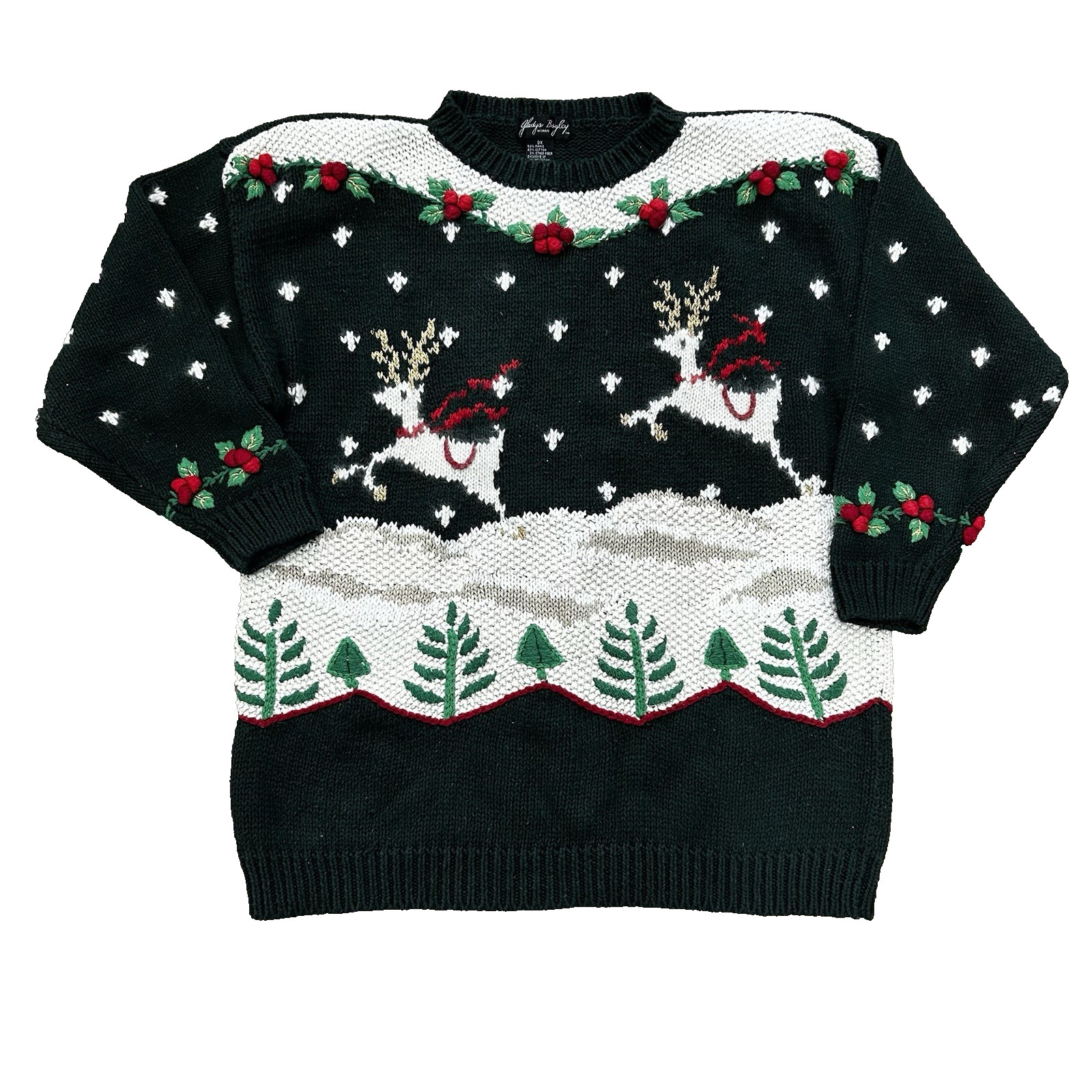 Vintage Reindeer In Snow Ugly Christmas Sweater Womens Dark Green Cozy Size 3X