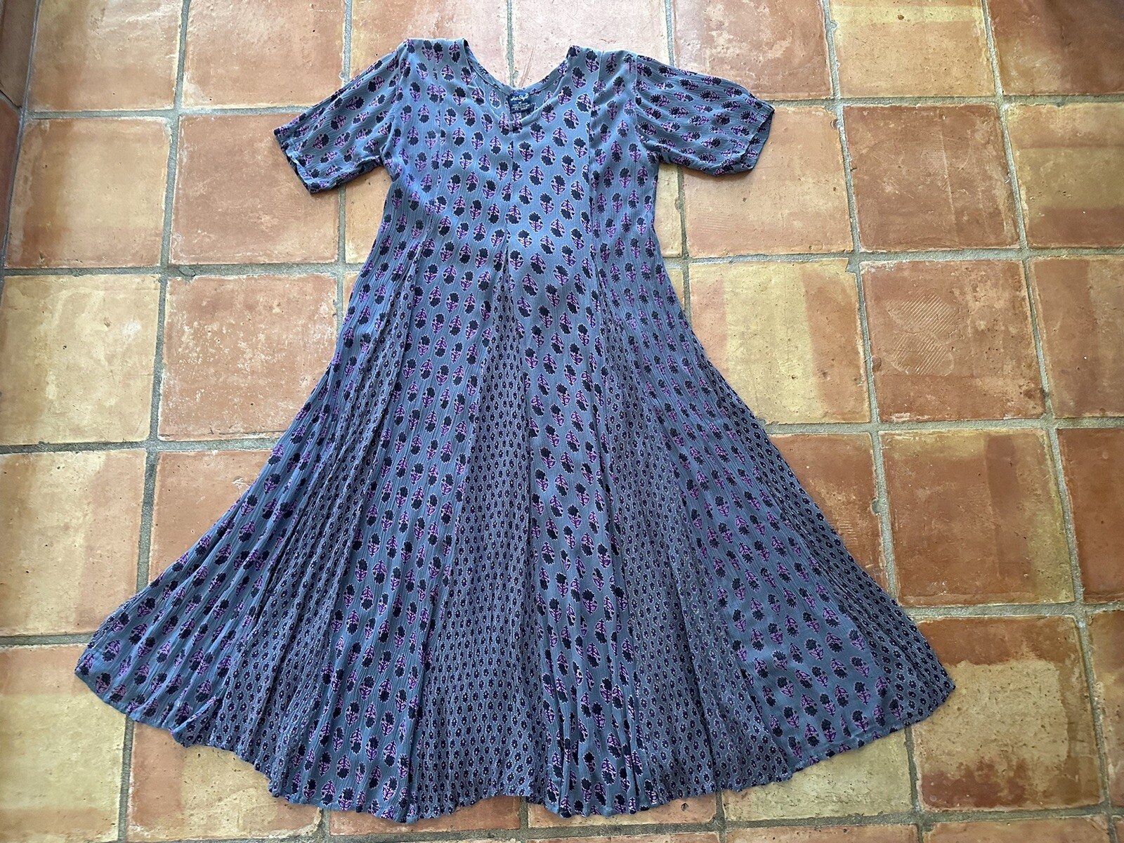 1990s Indian Block Print Rayon Gauze Tie Back Dress Grunge Floral Punk M 90s VTG