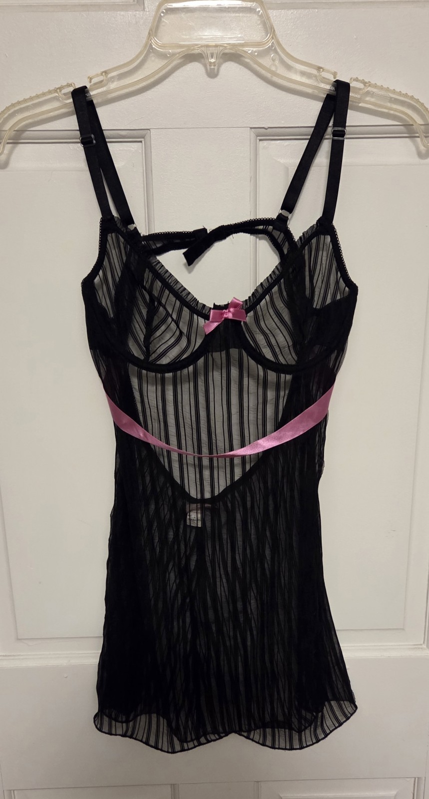 Vintage Y2K Elegant Moments Black Mesh Lingerie Pink Ribbon & Bow *Size L* EUC