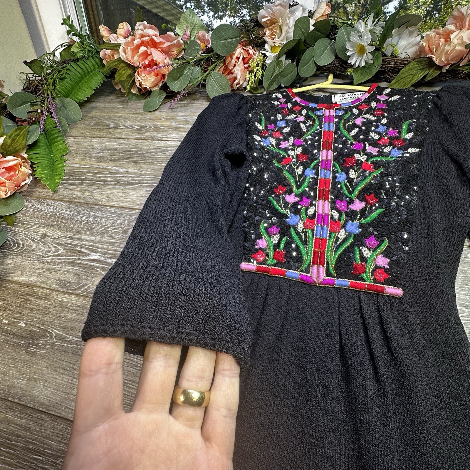 1980S PAT SANDLER FLORAL EMBROIDERED KNIT DRESS Vintage Black 4 Womens Sequin