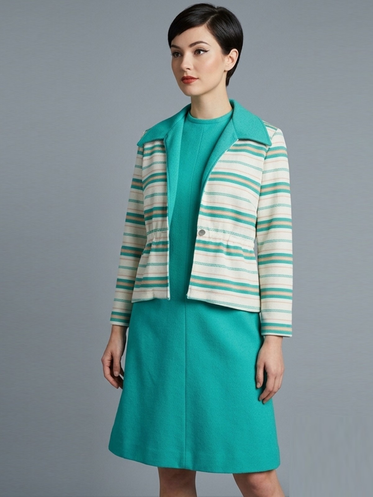 M Vintage 1960s Montgomery Ward Turquoise Dress + Jacket Set Mid Century MCM 60s