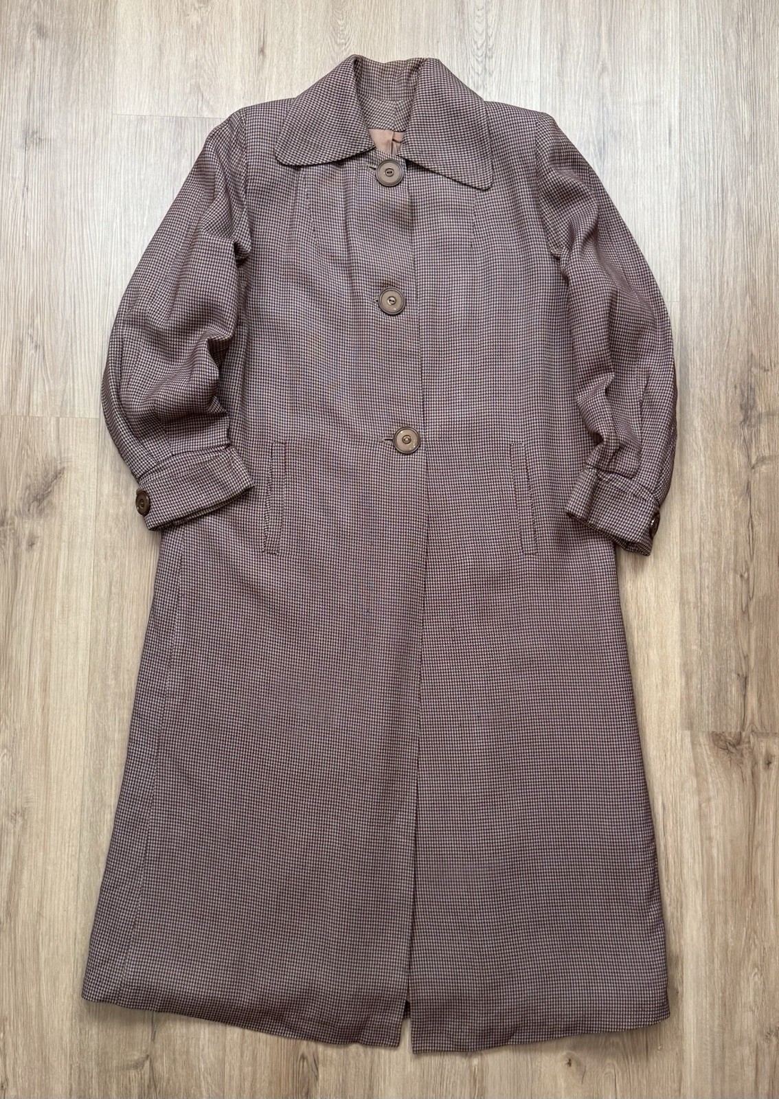 50s Vintage Houndstooth Gabardine Long Coat Women’s Medium Tailored Bespoke