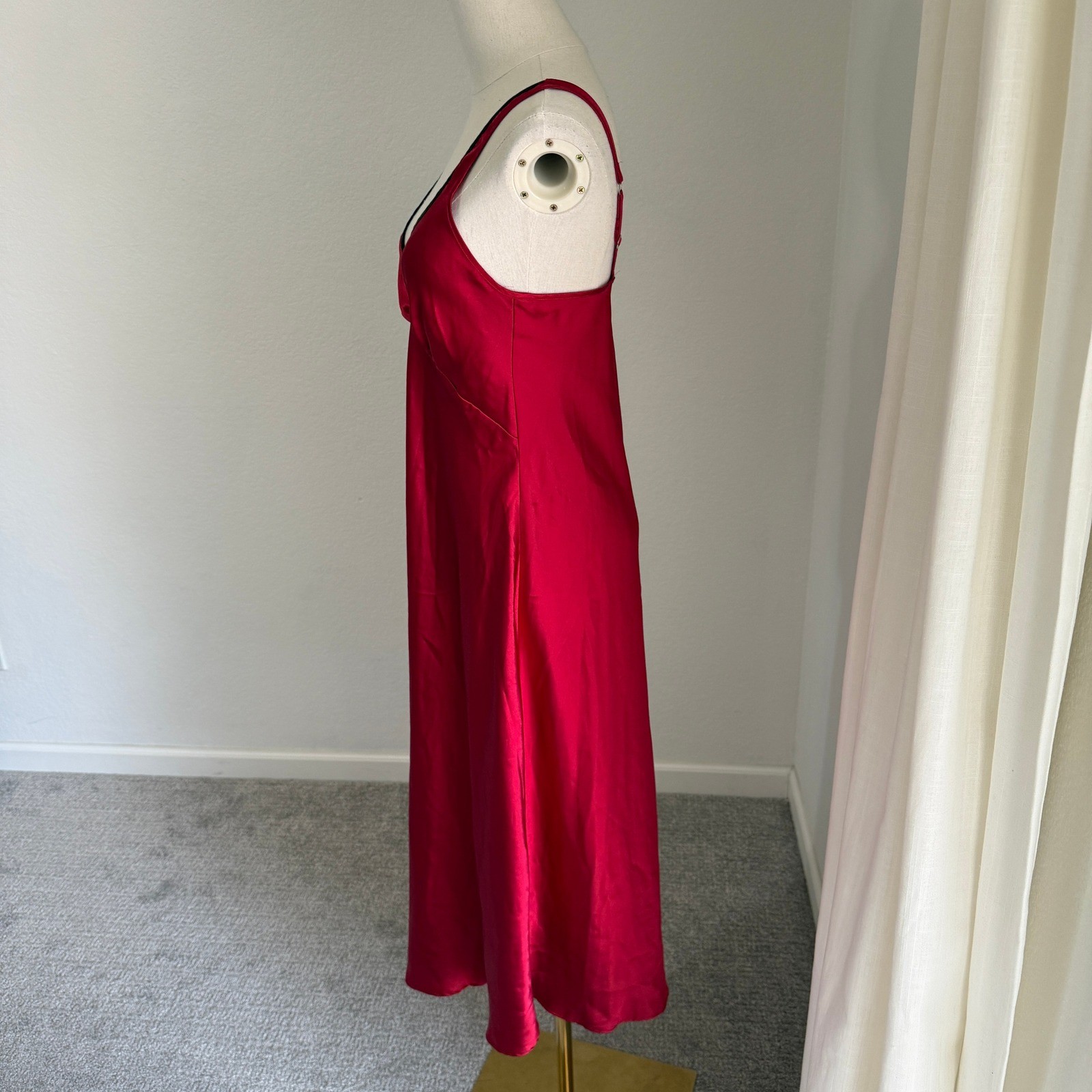 Red Satin V-Neck Slip Dress Midi Chemise Old Hollywood Glamor Boudoir Lingerie