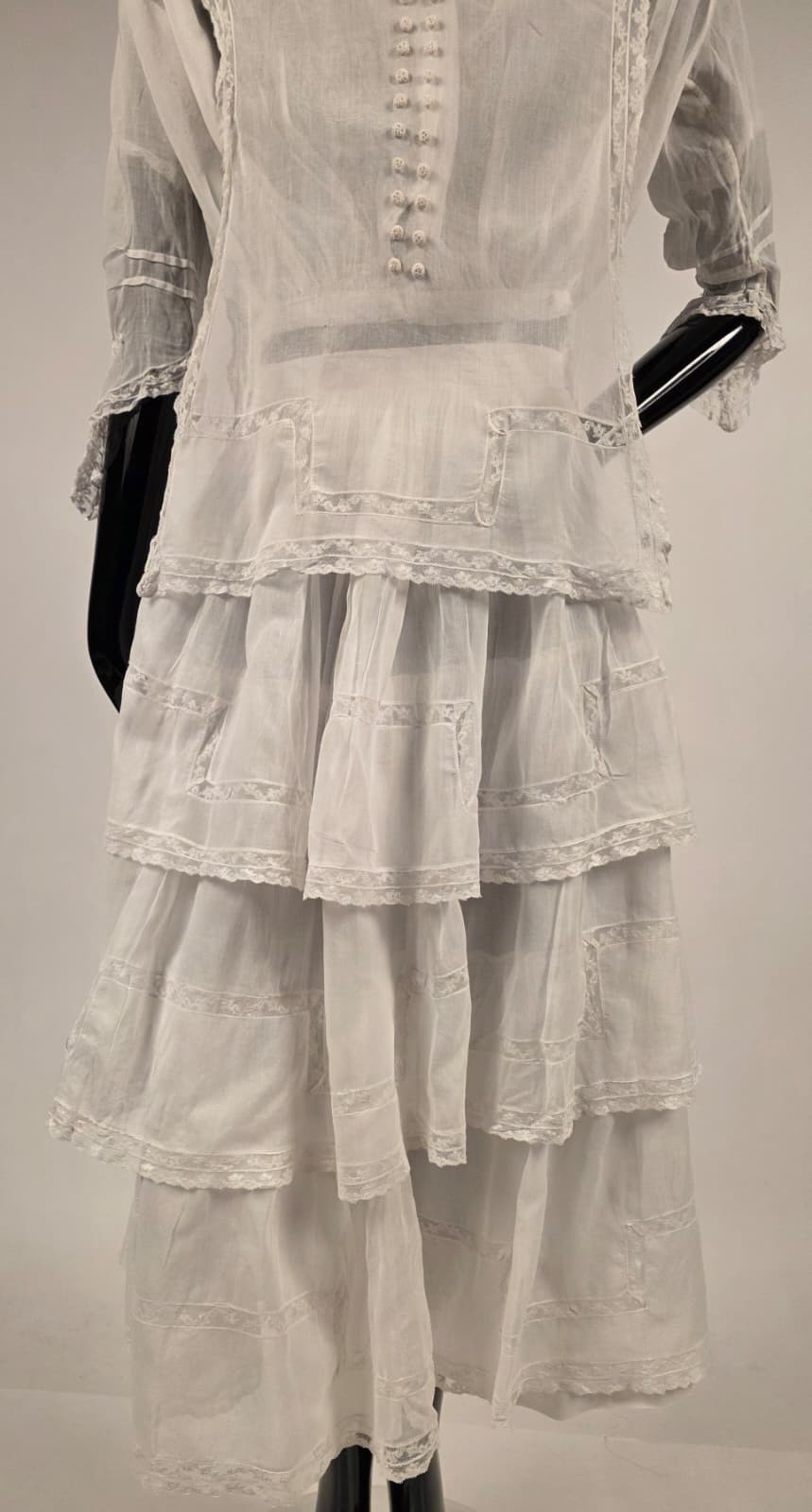 2 PC EDWARDIAN WHITE COTTON ORGANDY DRESS W LACE INSERTION + FLOUNCED SKIRT