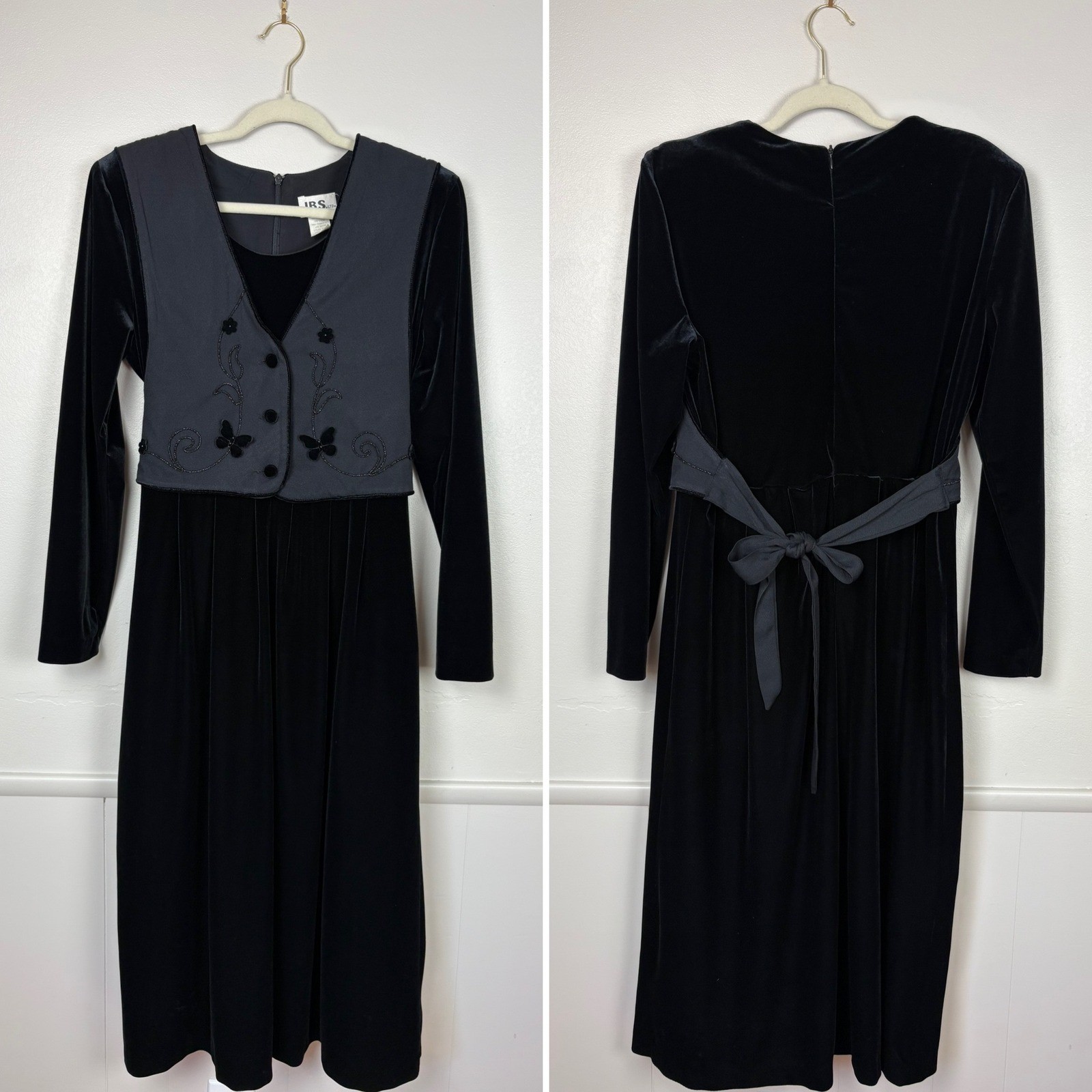 J.B.S. Ltd Vintage Velvet Midi Dress with Beaded Faux Vest Sz 12 Modest 80s 90s