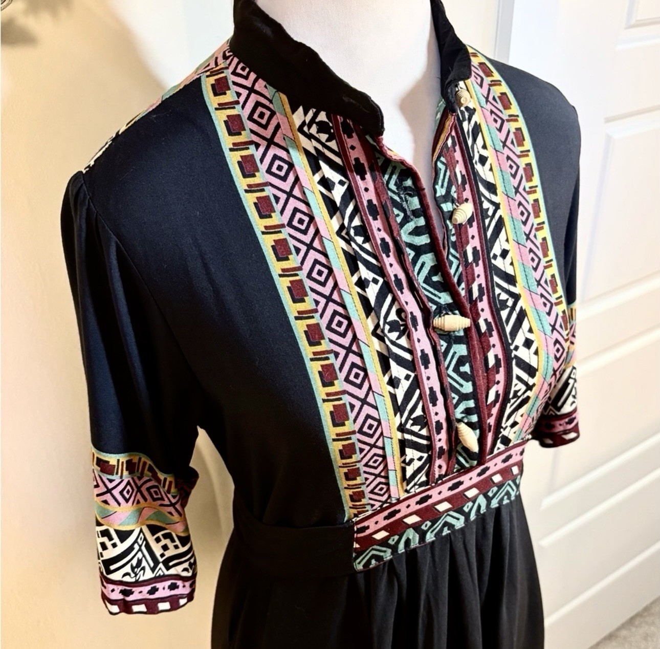 💥Vintage Ragtime Boho Midi Dress Pintuck Bodice Bodice Sz S💛