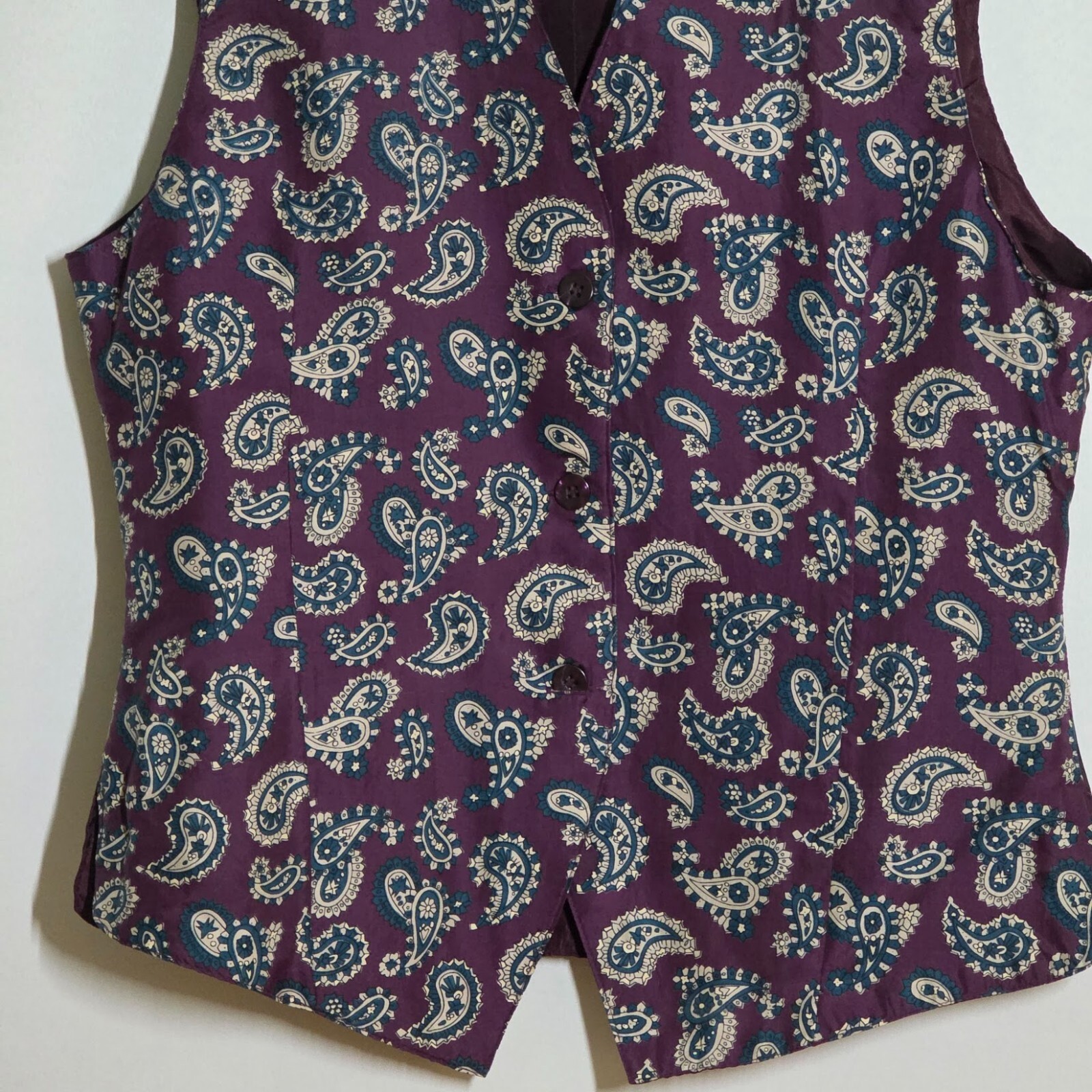 💜 VTG 80s–90s One Resource Silk Vest | Purple Gray Blue Paisley | M | Groovy!!!
