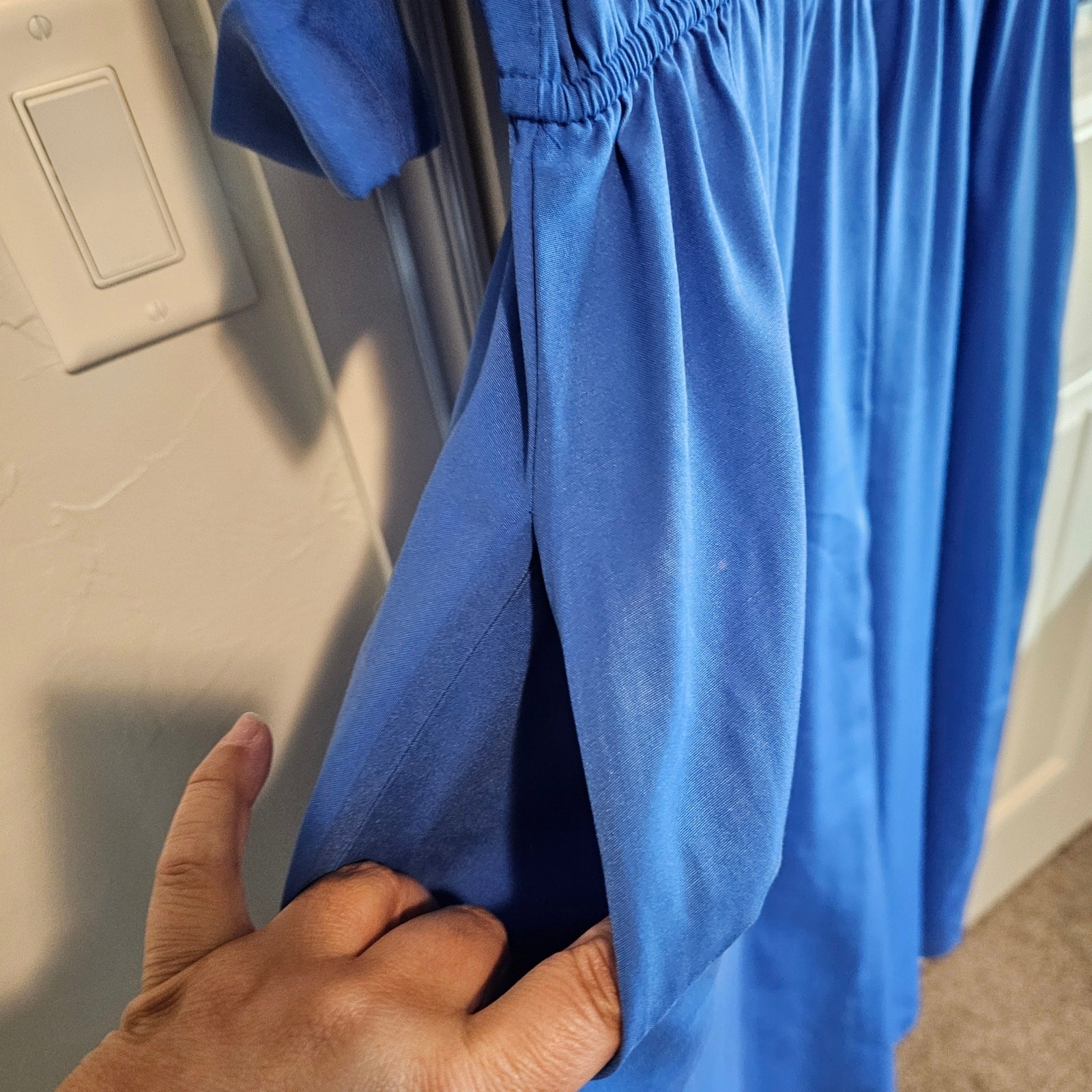 Vintage Shirt Dress Womens 13/14 Blue Lagenlook 80s Pleated Midi Retro Mod Glam