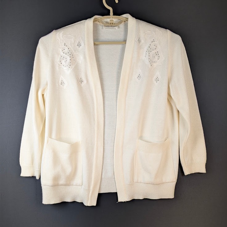 VTG Philippe Marques Cardigan 6P Purity White Modest Drop Pockets Grannycore USA