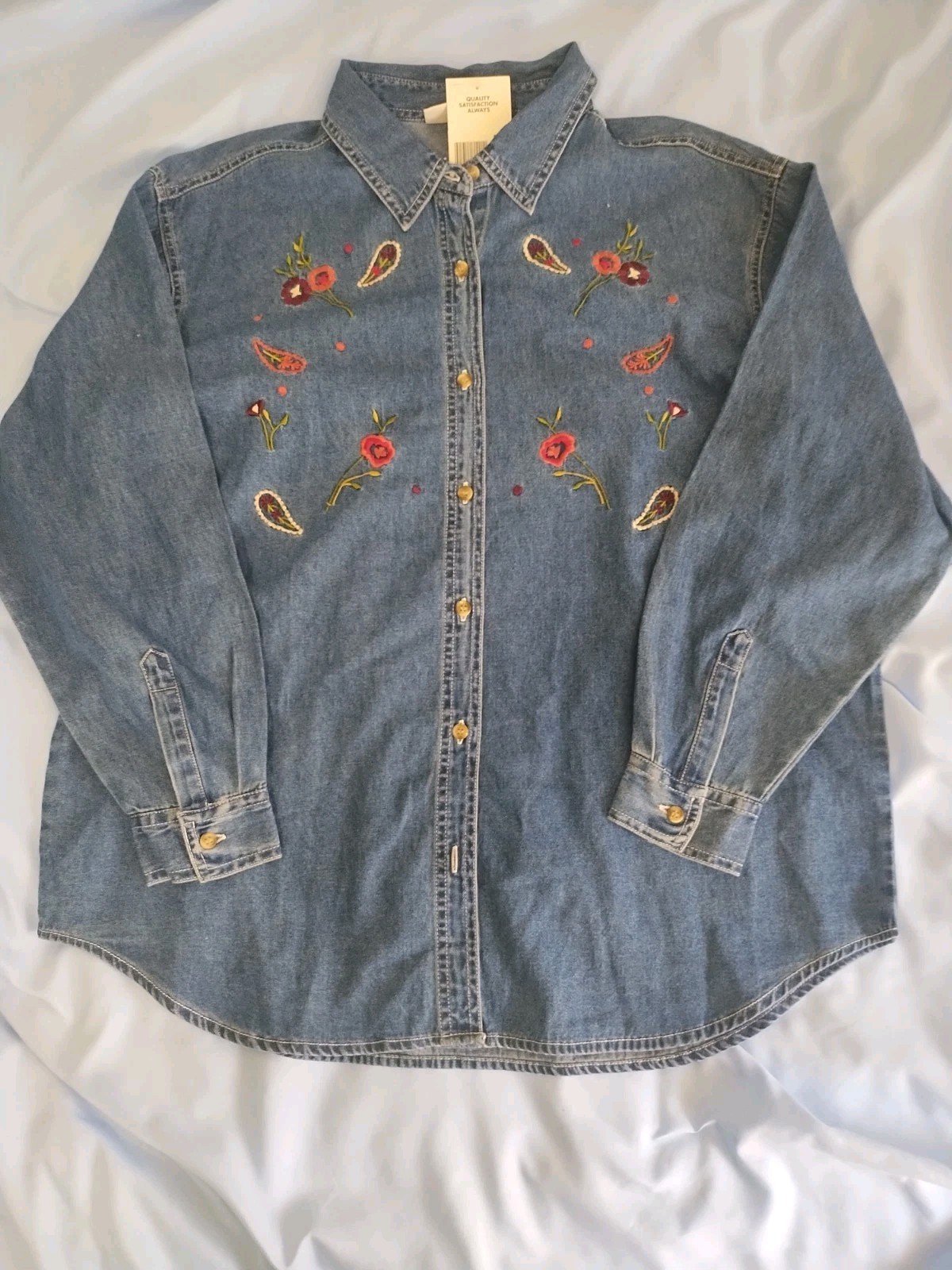 Vtg Basic Editions Denim Shirt Womens L Embroidery Flower Floral Kmart NWT
