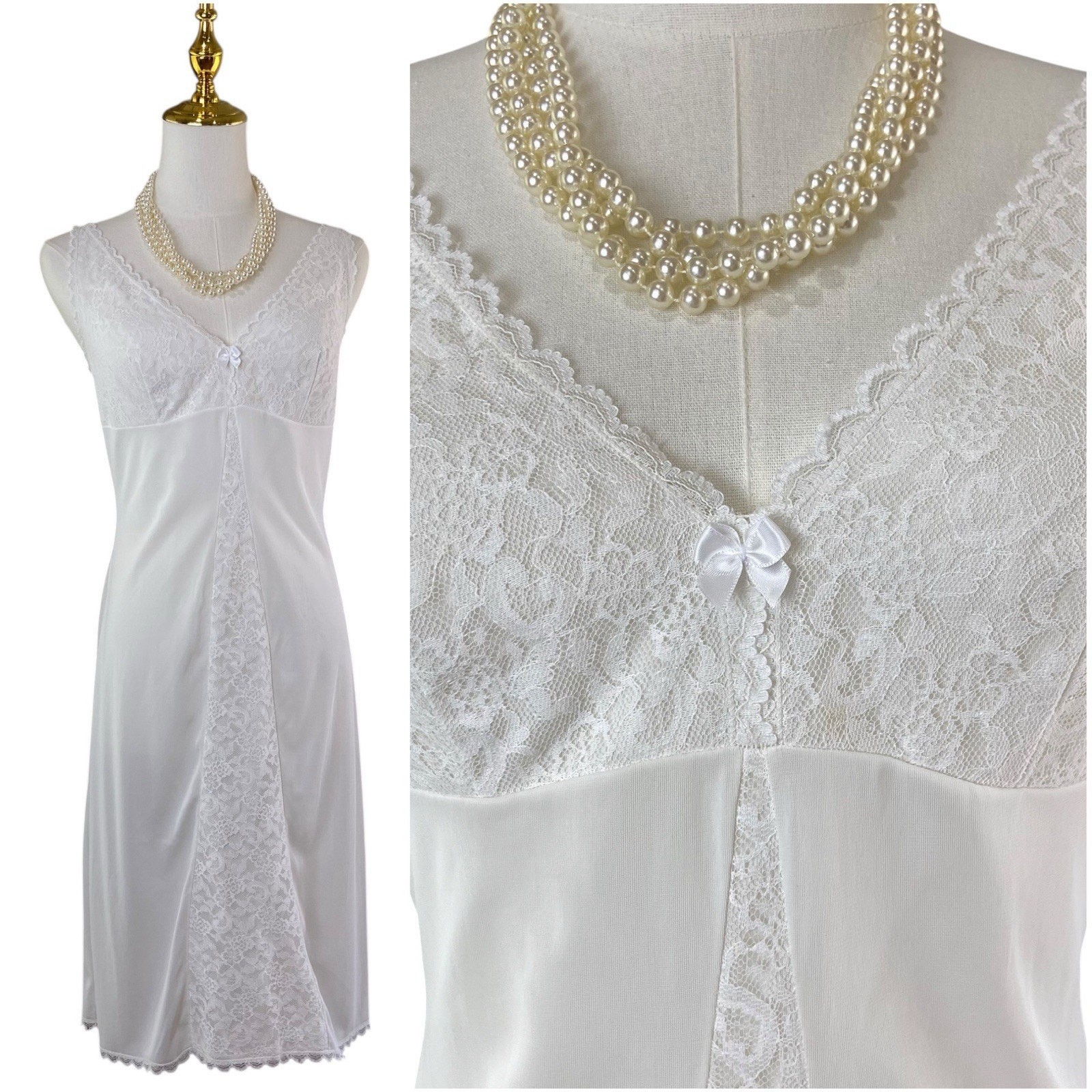 Vintage 60s Germany Mona White Nylon & Lace Wide Strap Full Slip Dress Size M
