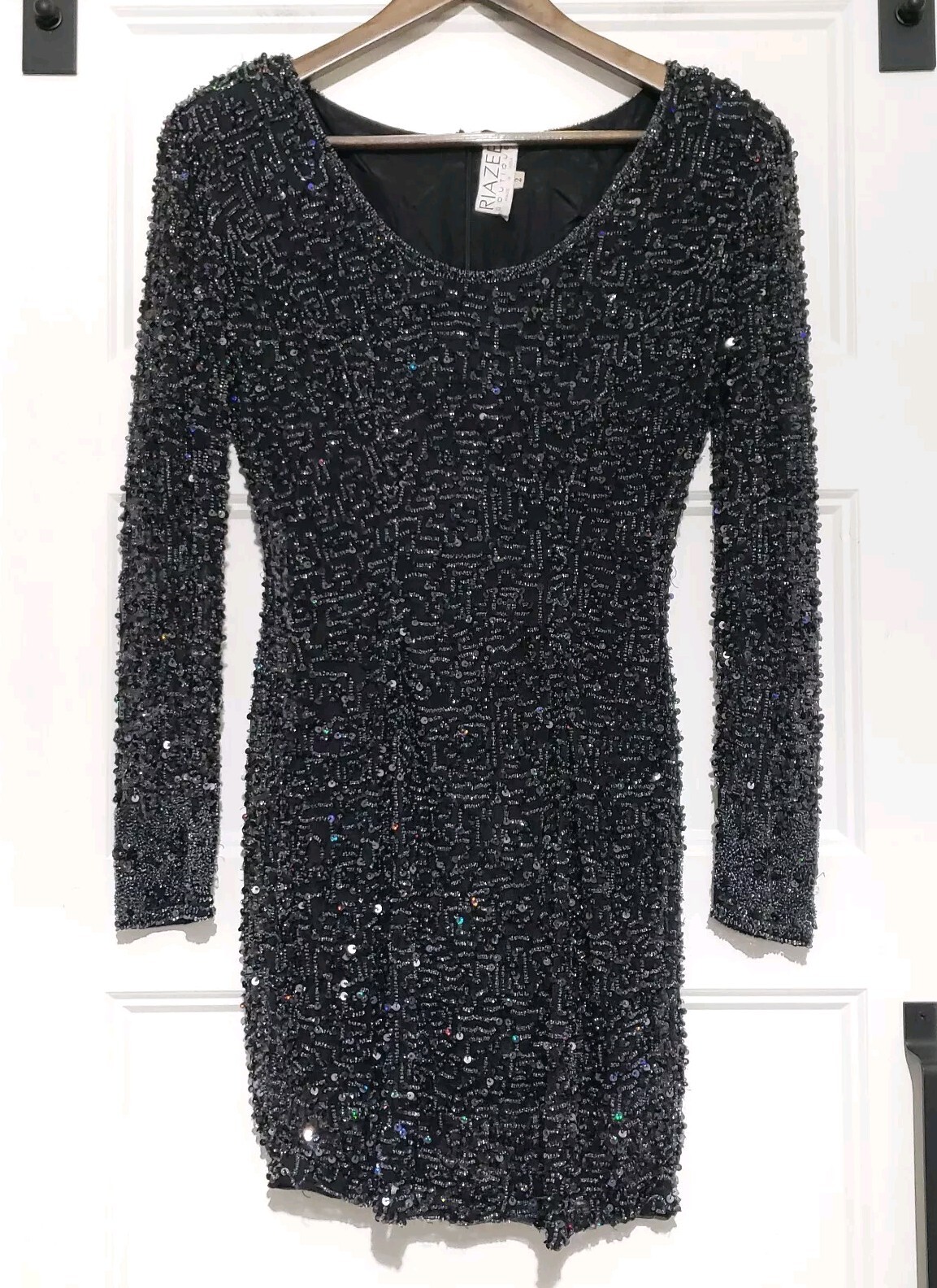 Vintage Riazee Beaded Sequin Mini Dress Black Body Con Long Sleeve Womens 2/4