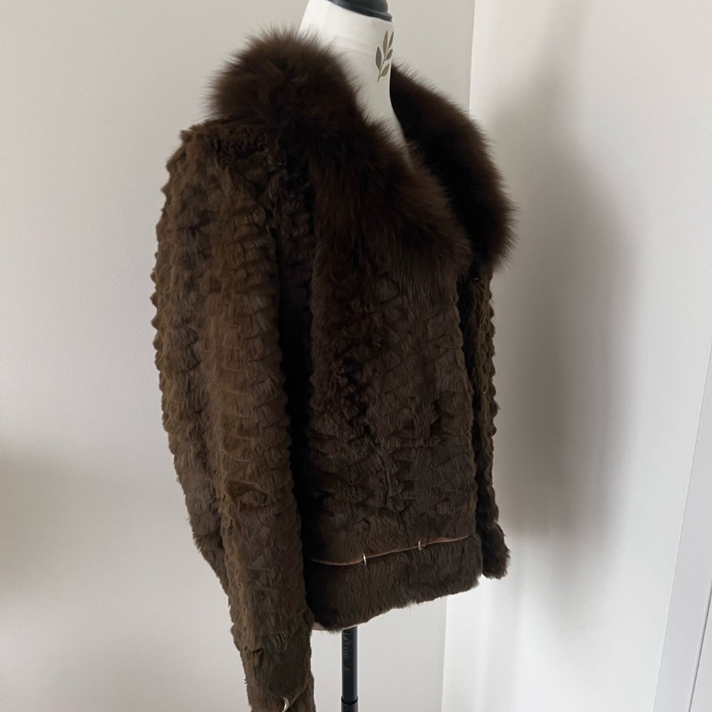 Vintage Brown-Green Real Rabbit & Fox Fur Jacket with Ring Details | Size M