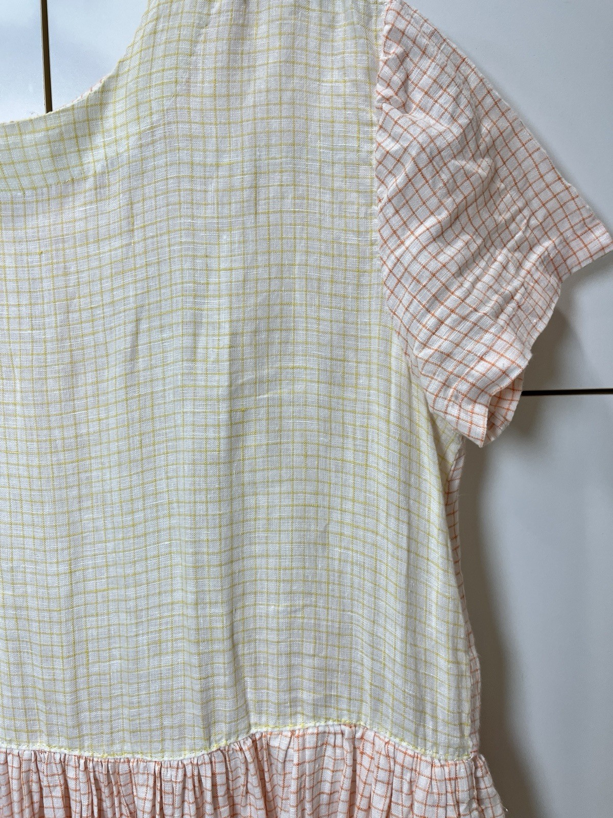 Vintage Cotton Gingham Fabric Orange & Yellow Checkers Pleated Full Skirt Dress